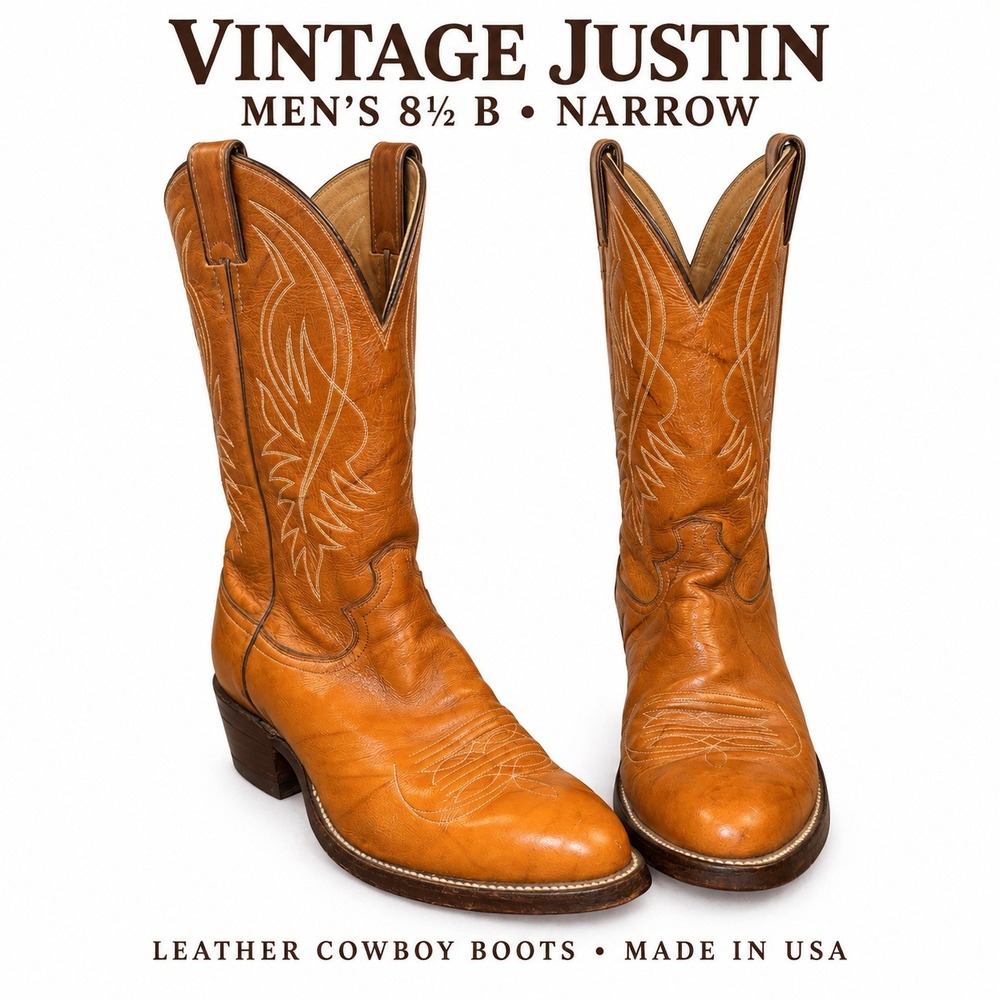 Vintage Justin Cowboy Boots Mens 8.5 B Narrow Caramel Leather Western 1632 USA